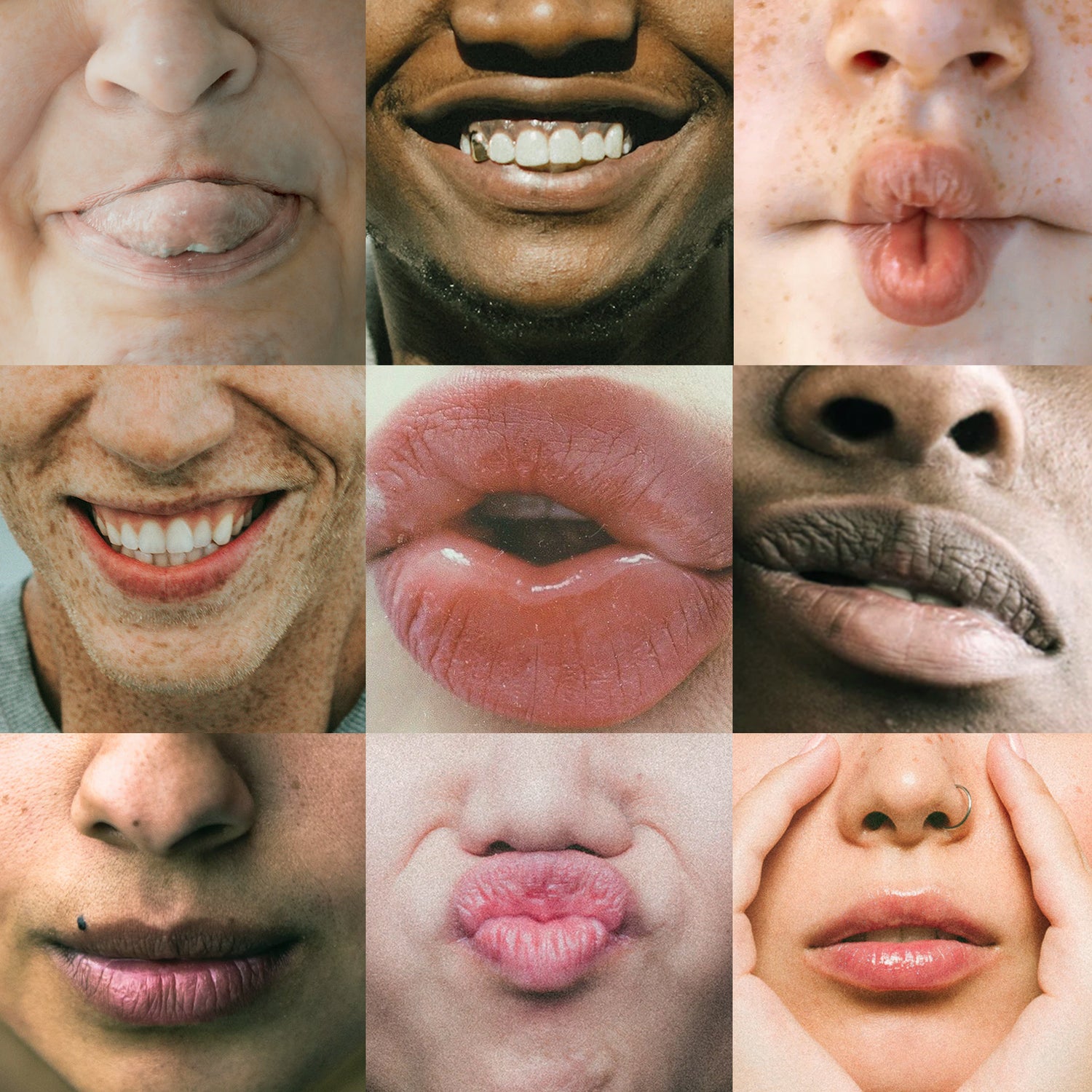 A collage of nine close-up photos of lips showing different emotions, expressions and textures.