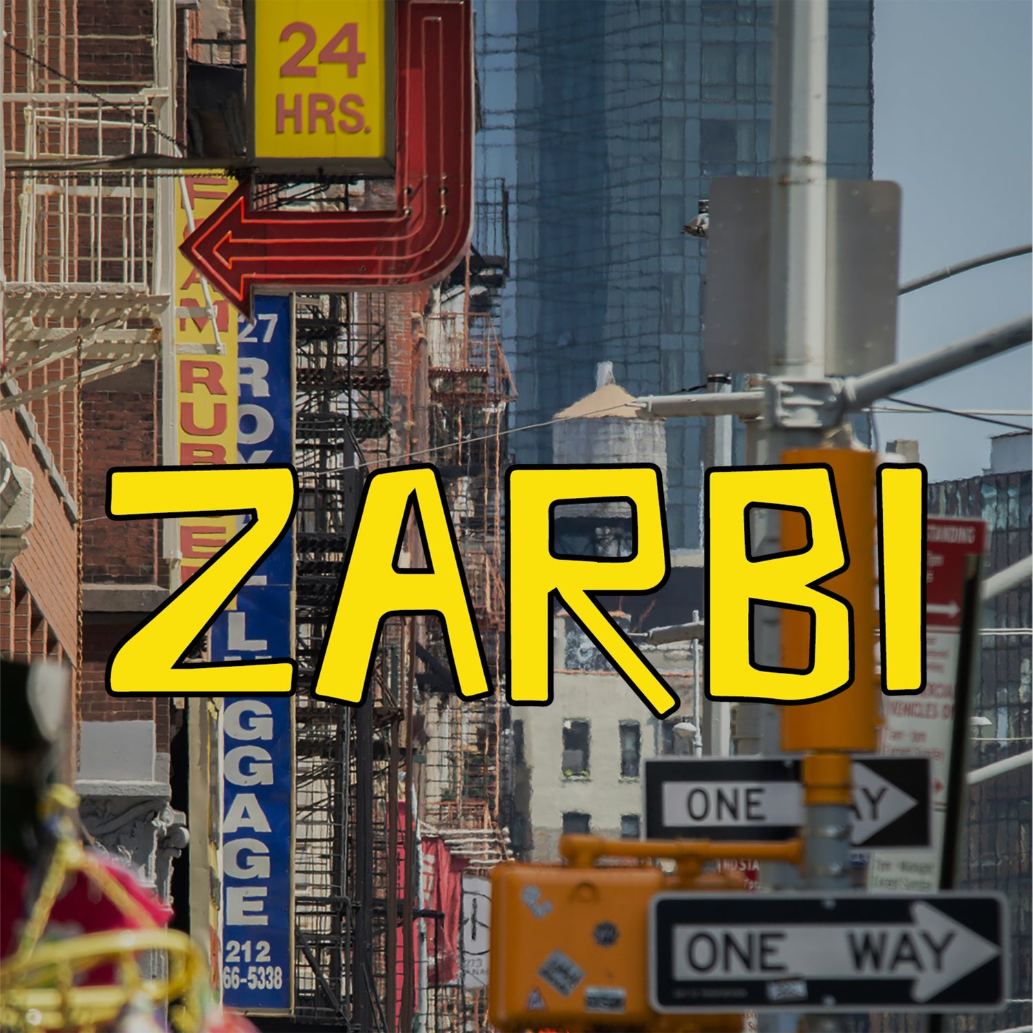 A New York City street view with traffic signs and a 24-hour neon sign, overlayed with the bold yellow Zarbi logo.