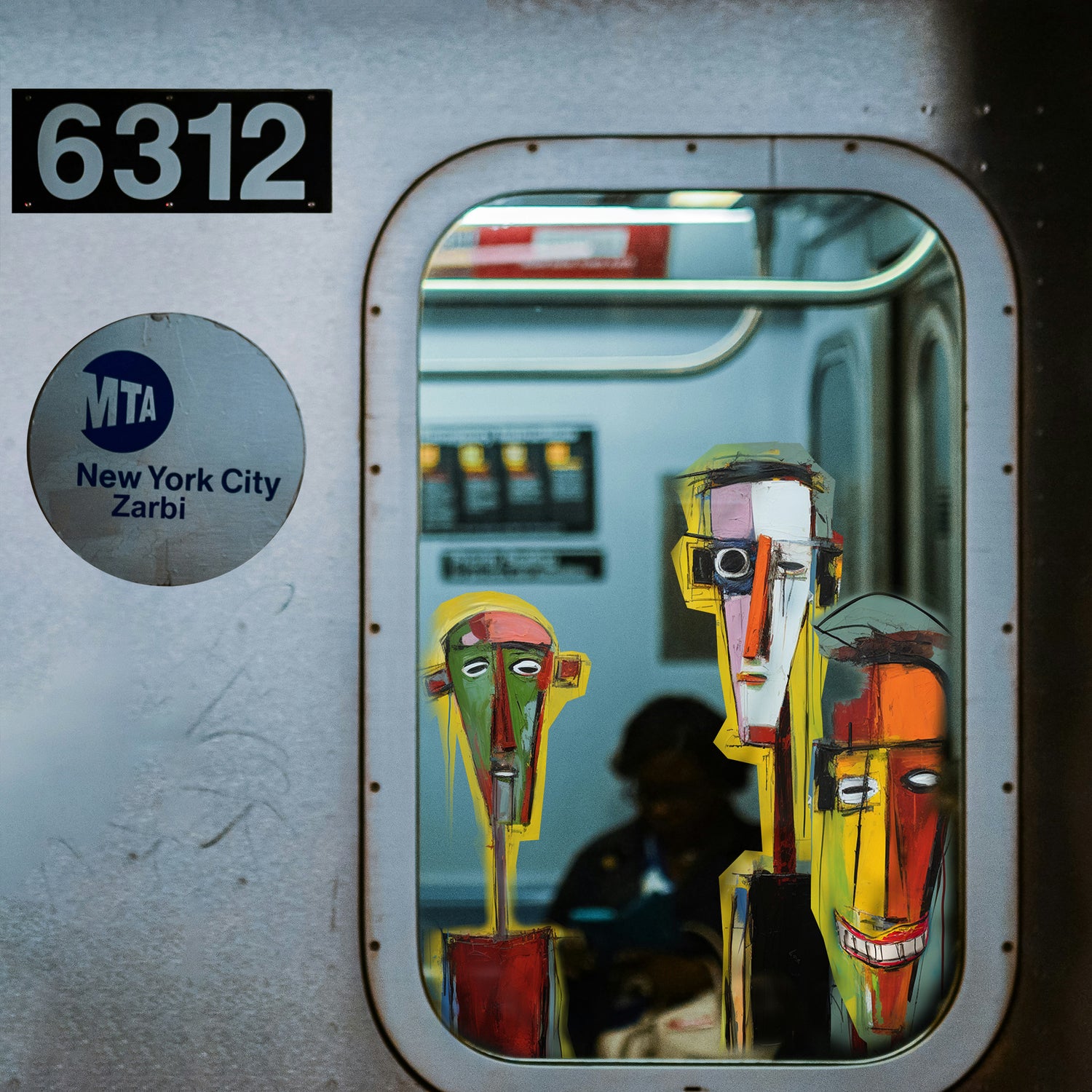 A NYC subway train window with colorful cartoon-style characters visible through the window and an MTA Zarbi logo sticker on the side.