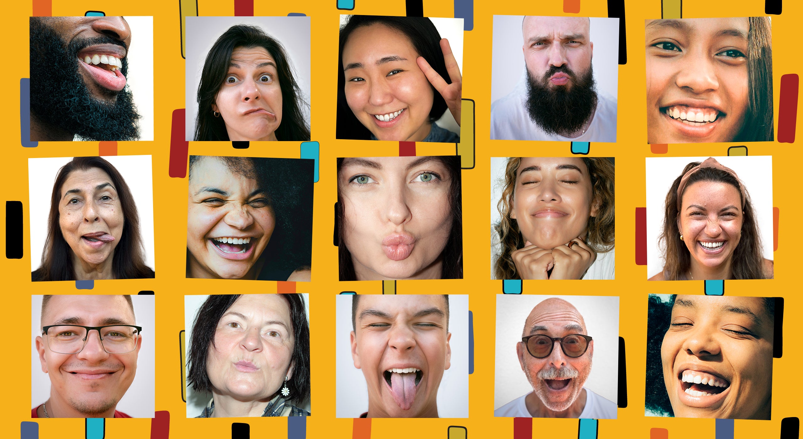 Grid of happy people faces. Smiling men, women, teenagers of different races and ages on colorful background.